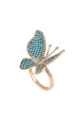 Butterfly Cocktail Ring Blue Turquoise Rosegold