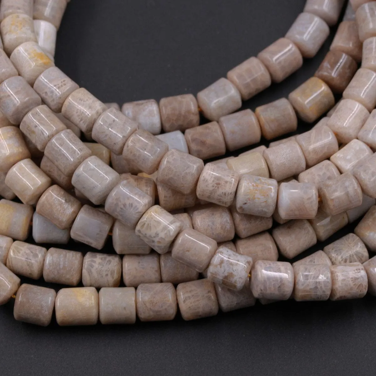 A Grade Natural Fossil Coral Short Cylinder Beads 8mm Puffy Nugget Beads Neutral Gray Taupe Beige Beads 16" Strand