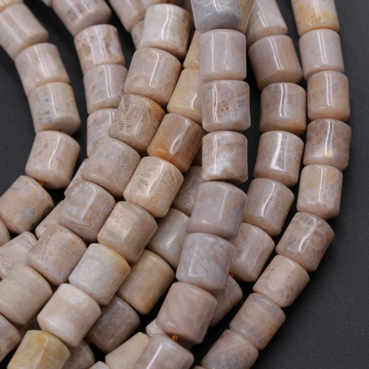 A Grade Natural Fossil Coral Short Cylinder Beads 8mm Puffy Nugget Beads Neutral Gray Taupe Beige Beads 16" Strand