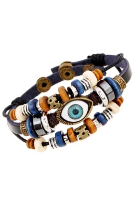 BEADED EYES BUCKLE LEATHER BRACELET