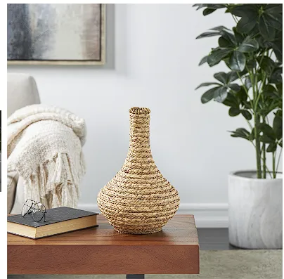 BROWN SEAGRASS HANDMADE BRAIDED VASE, 9" X 9" X 14"