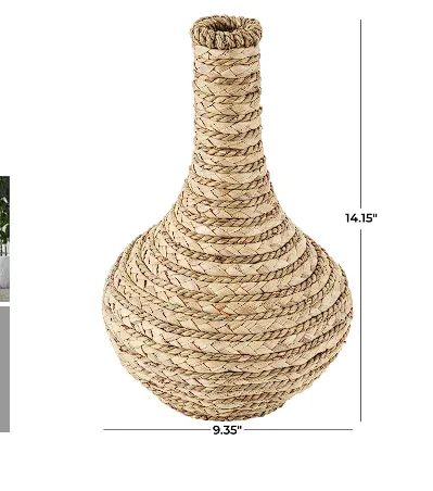 BROWN SEAGRASS HANDMADE BRAIDED VASE, 9" X 9" X 14"