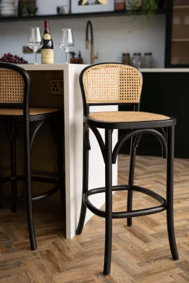 Chez Pitou Black Wood & Woven Cane Bar Stool