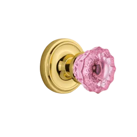 Classic Rosette with Pink Crystal Knob in Unlacquered Brass