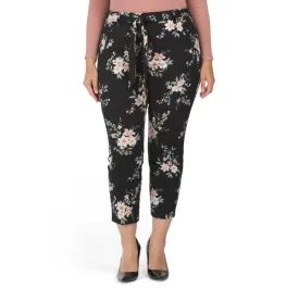 J&L WHITE Women's Plus High Rise Floral Print Techno Crepe Tie Belt Pull On Pants