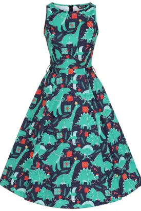 Lady Vintage Hepburn Dress in Dino Xmas Print Christmas