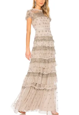 Light Grey Short Sleeves Embellished Ruffled Tiered Gown (UK 12)