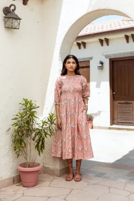 Peach floral handblock dress