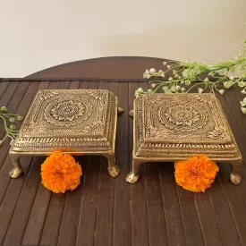 Square Brass Chowki For Idols And Pooja (Set of 2)